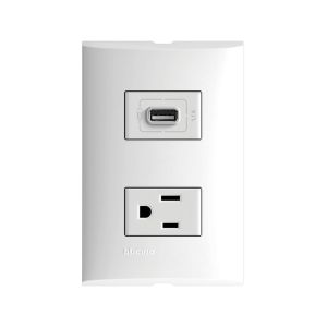 Placa con 1 tomacorriente, 2 polos + tierra, 15 A, y 1 cargador USB, 1.1 A, blanco. FZA29S21S Bticino