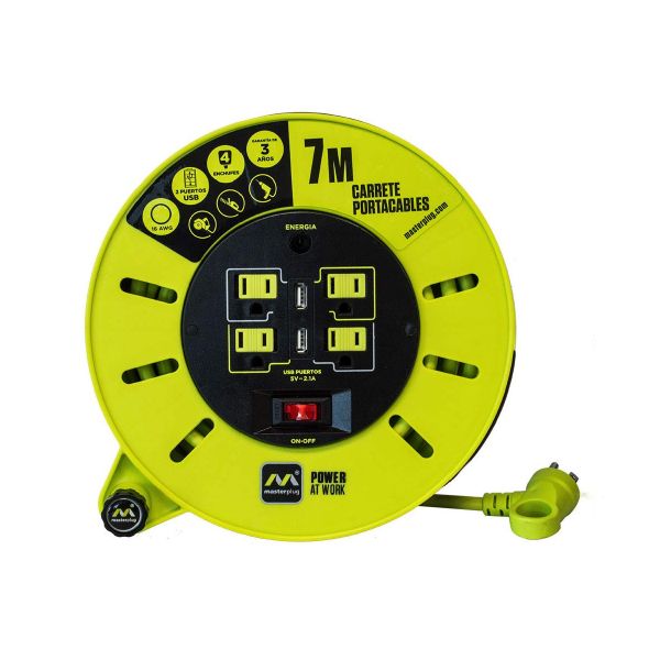 Extensión de 7 m enrollable, con 4 tomas de corriente y 2 entradas USB. CMM071116G4SLUMX Luceco