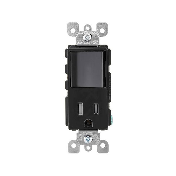 Interruptor unipolar con receptáculo, 15 A, con conexión a tierra, negro. 05625-00E Leviton