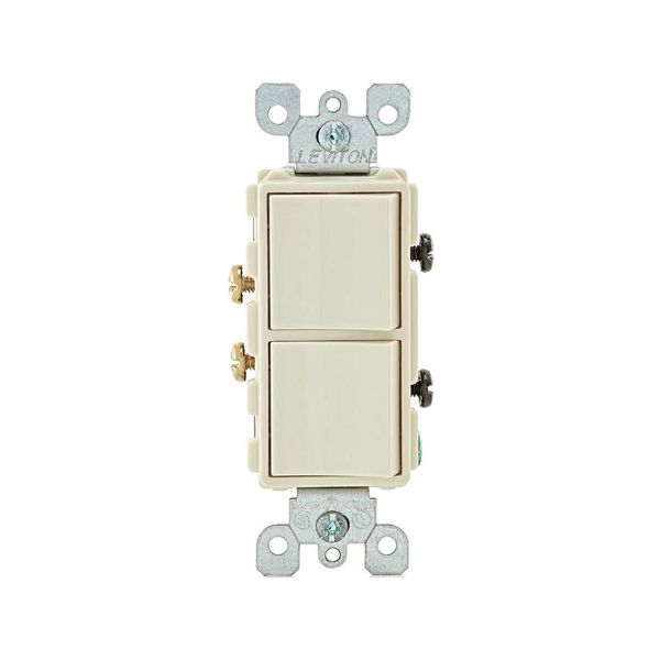 Interruptor doble unipolar, con conexión a tierra, 15 A, almendra claro. 05634-00T Leviton