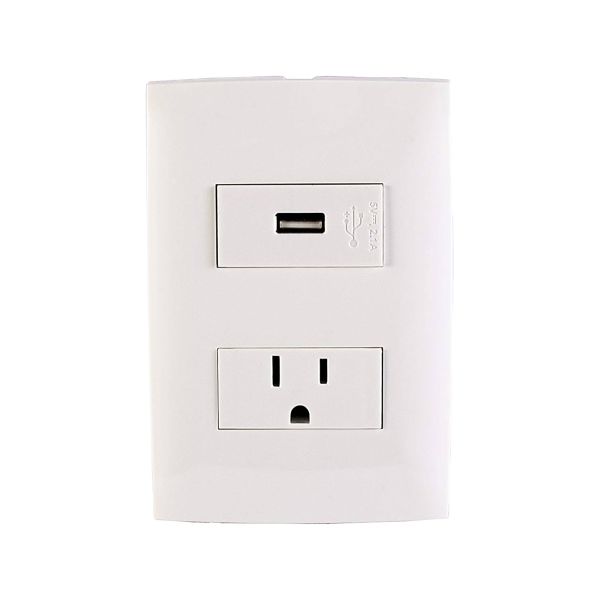 Modulo USB 2.1 A y receptáculo con tierra, 15 A, 125/250 V, con placa, blanco. CI0-USBTC-BLA Leviton