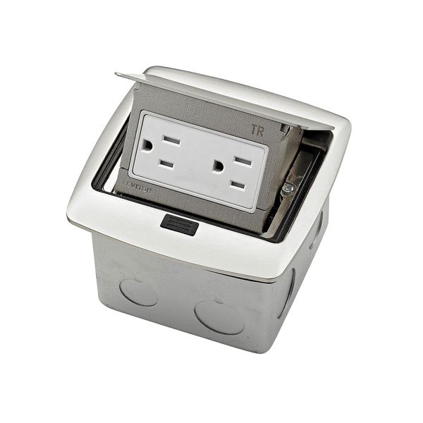Caja de piso con receptáculo dúplex a prueba de manipulaciones,15 A, níquel cepillado. PFTR1-0BN Leviton