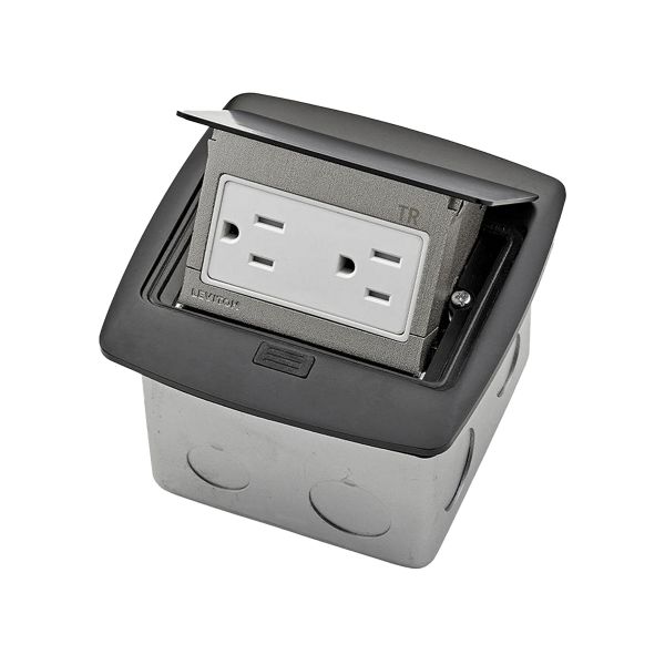 Caja de piso con receptáculo dúplex a prueba de manipulaciones,15 A, negro. PFTR1-0MB Leviton