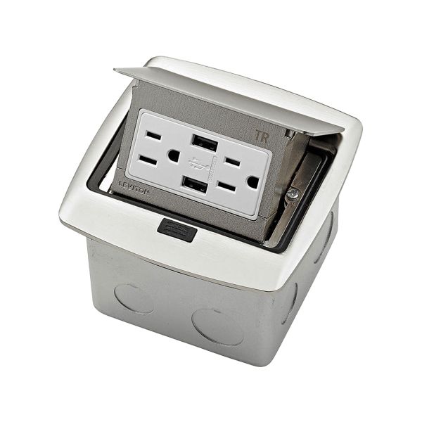 Caja de piso con cargador USB doble tipo A de 3.6 A y receptáculo dúplex de 15 A, níquel cepillado. PFUS1-0BN Leviton