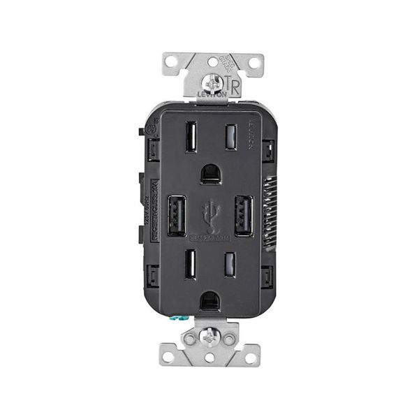 Receptáculo dúplex con entrada USB, a prueba de manipulaciones, 15 A, negro. T5632-00E Leviton