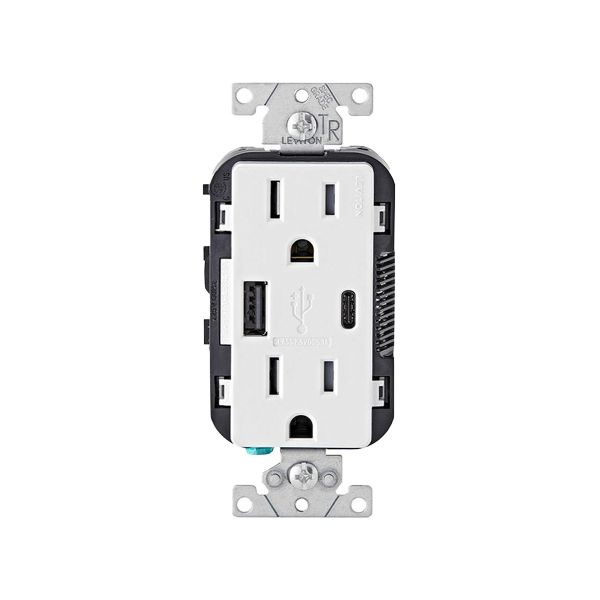 Receptor dúplex con cargador USB tipo A-C, 15 A, blanco. T5633-00W Leviton