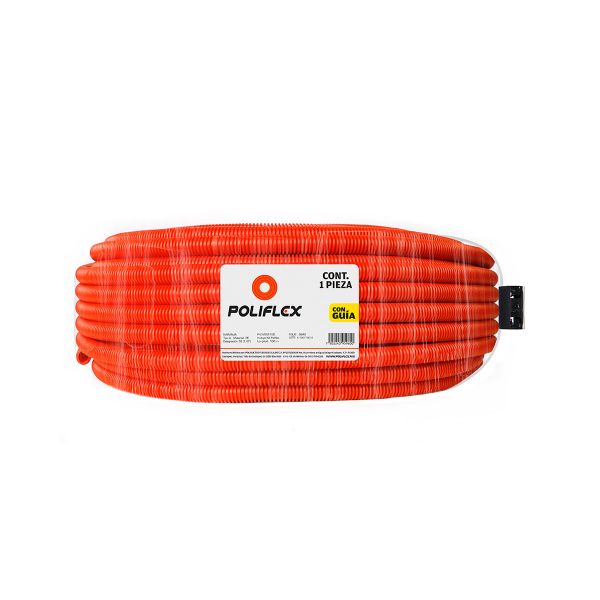 Rollo de Poliflex naranja de 100 m y 1/2 pulgada con guía Incorporada. CORR-1/2 Poliflex