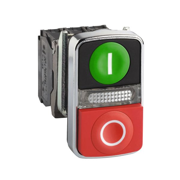 Pulsador Ø 22, dos accion, retorno resorte, verde+rojo, luz blanca, 24 V. XB4BW73731B5 Schneider Electric