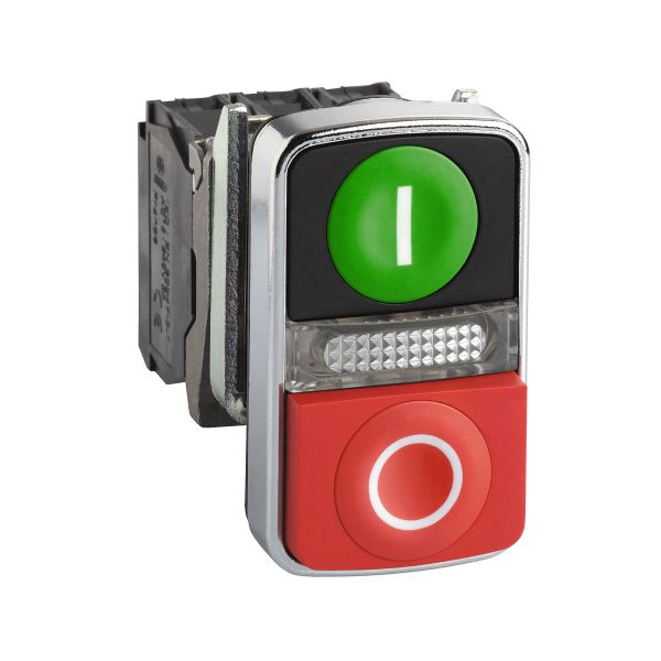 Pulsador de 2 accionadores verde+rojo Ø 22mm, retorno resorte, luz blanca, 240 V. XB4BW73731M5 Schneider Electric