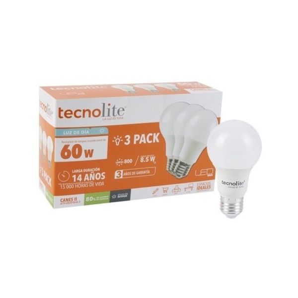 Foco LED, Bulbo A19, 8.5 W, 100 - 240 V, 6 500 K, A19-LED/010/65-3 Tecnolite