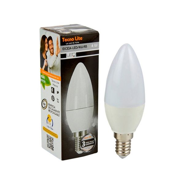Foco LED, tipo vela, 4 W, luz de día, Base E14, 100-240 V, 6500 K. EICE14-LED/4W/65 Tecnolite