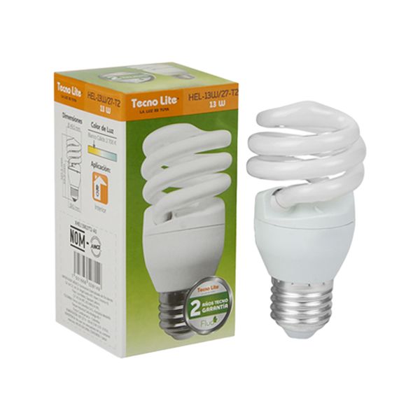 Foco De Espiral 13W, E27, 2700K, Luz Cálida, HEL-13W/27-T2 Tecnolite